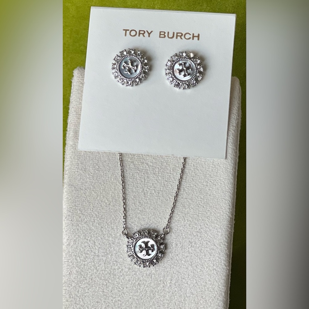 Tory Burch Miller Crystal Silver Necklace and Earring Set